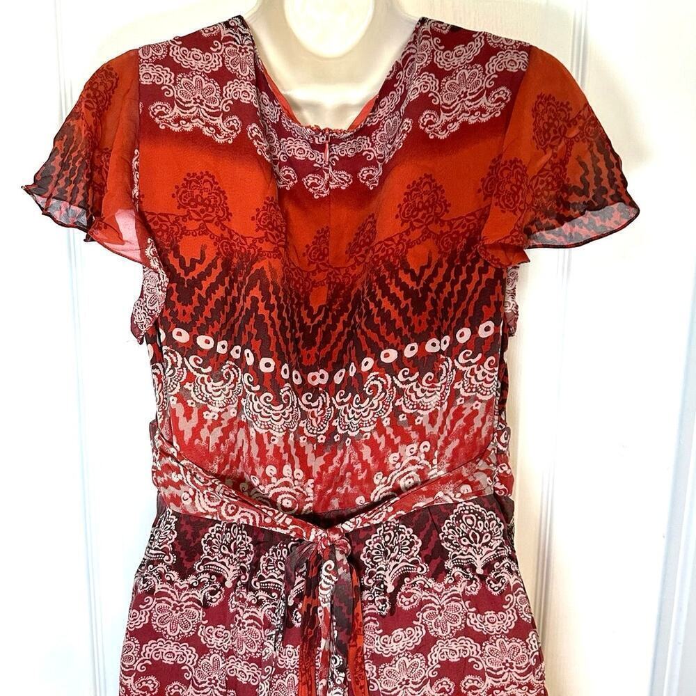 Coldwater Creek 100% Silk Dress Midi Dress Sz 14 flutter sleeve Red Orange Boho - Picture 3 of 4